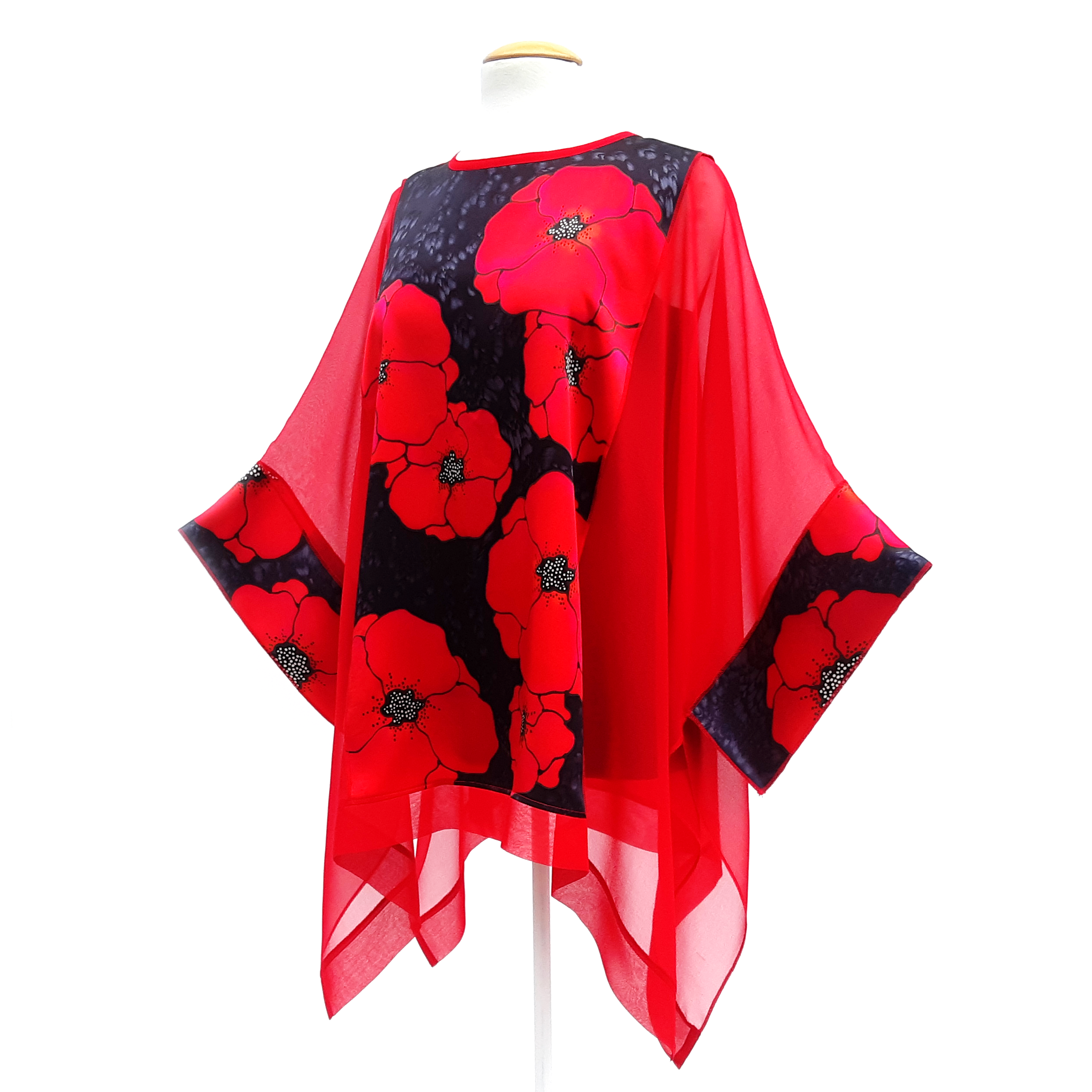 one size red caftan top hand painted silk poppies red and black cruise wear  made by Lynne Kiel