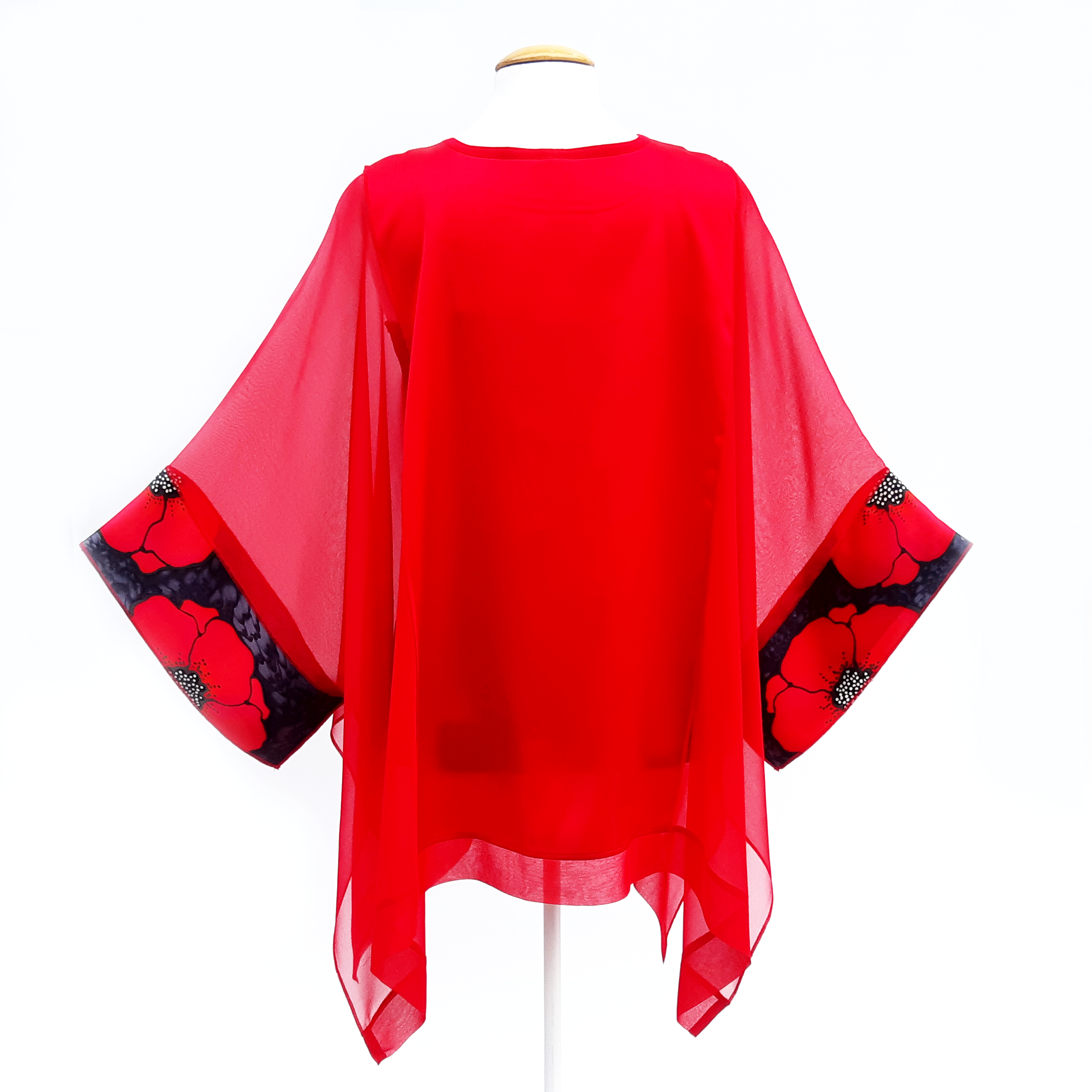 plus size ladies fashion long silk red caftan top made by Lynne Kiel