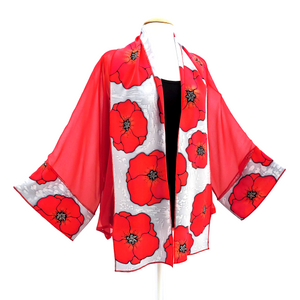red silk kimono hand painted red poppy flowers art design one size silk clothing handmade by Lynne Kiel