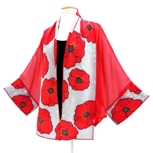silk clothing red kimono hand painted silk poppy art design handmade by Lynne Kiel