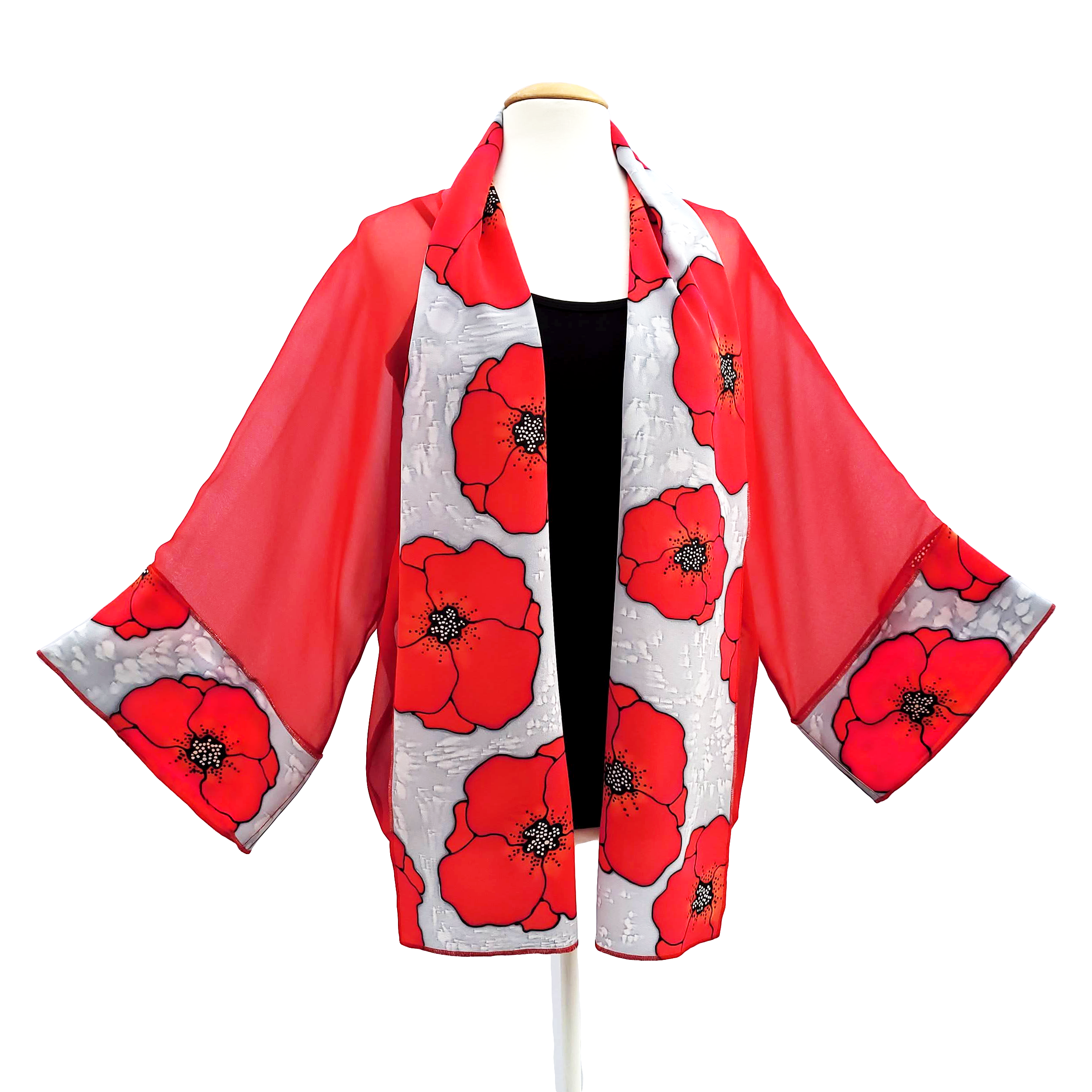 Red poppy flowers hand painted pure silk kimono top handmade by Lynne Kiel