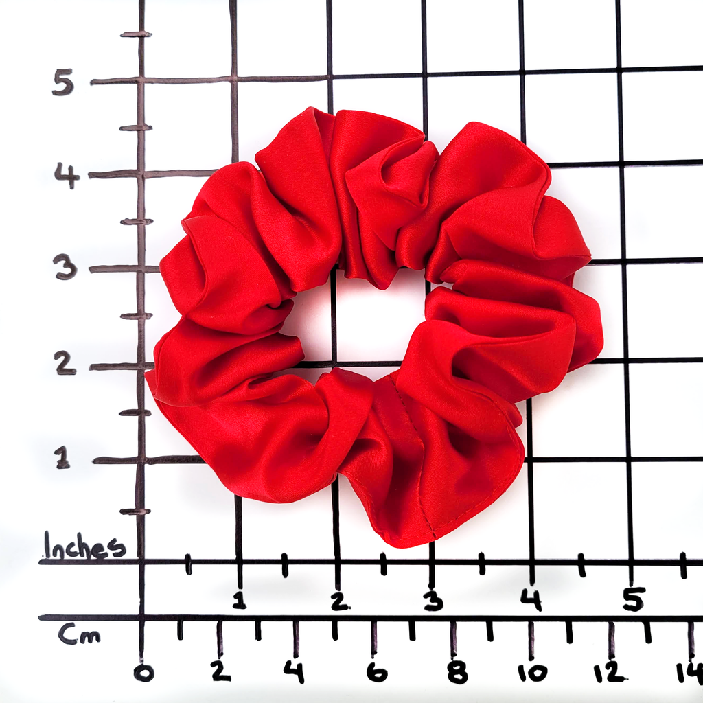 red silk scrunchie pony tail holder hair accessory handmade by Lynne Kiel