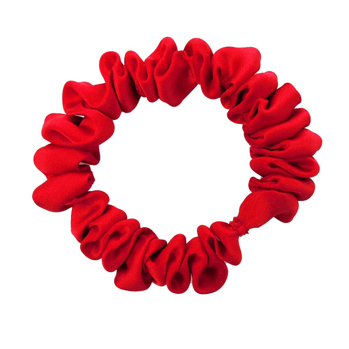red color pure silk skinny scrunchie handmade by Lynne Kiel