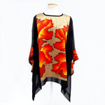 Load image into Gallery viewer, painted silk black caftan autumn leaves golden beige one size for ladies made in Canada
