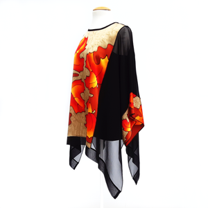silk long caftan top hand painted autumn leaves ones size made in Canada by Lynne Kiel