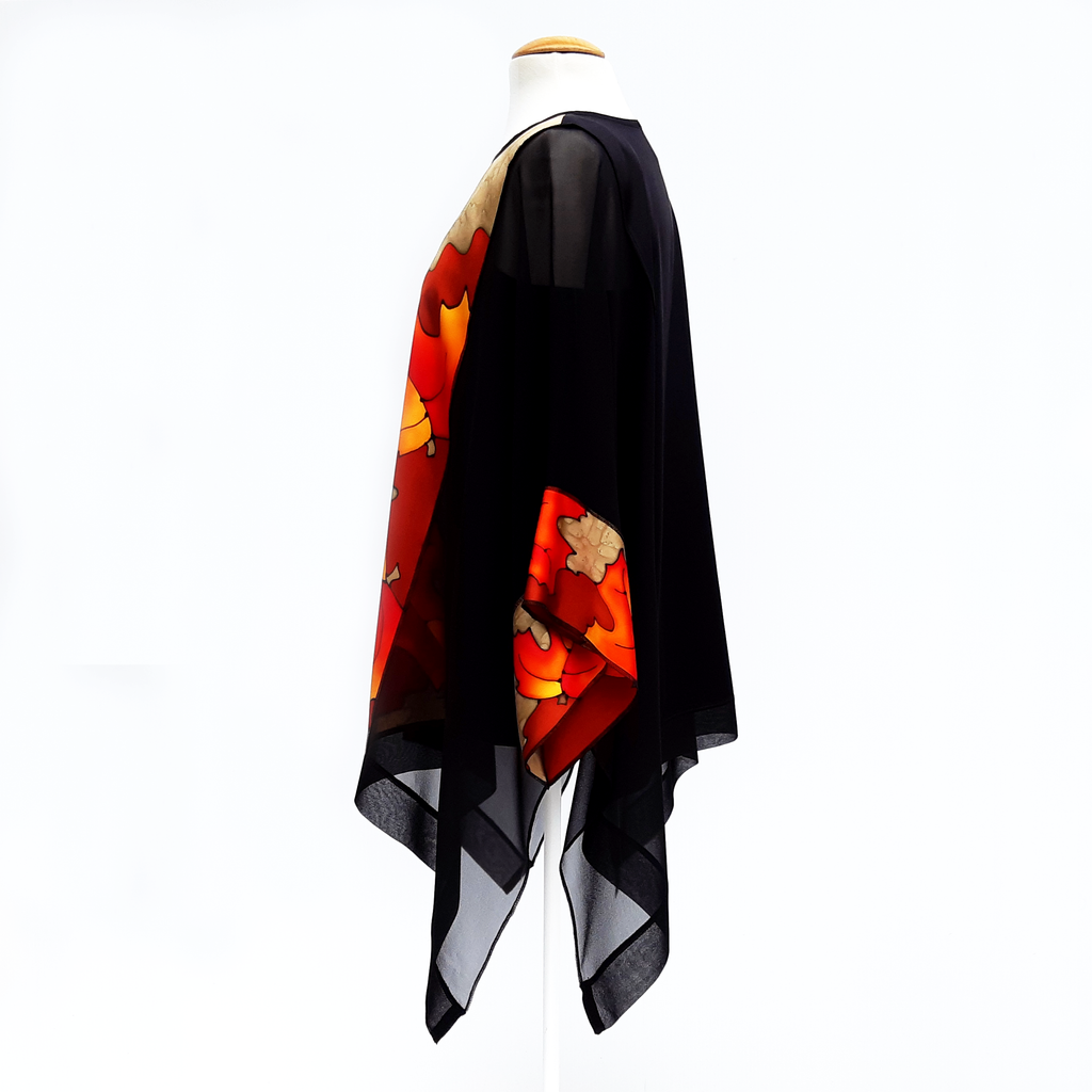 maple leaf hand painted silk caftan top black gold beige red color made in Canada