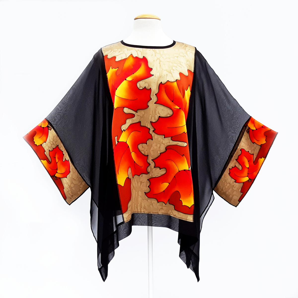 painted silk caftan one size design autumn leaves golden beige orange handmade by Lynne Kiel