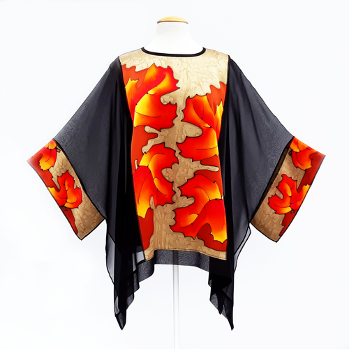 painted silk caftan one size design autumn leaves golden beige orange handmade by Lynne Kiel