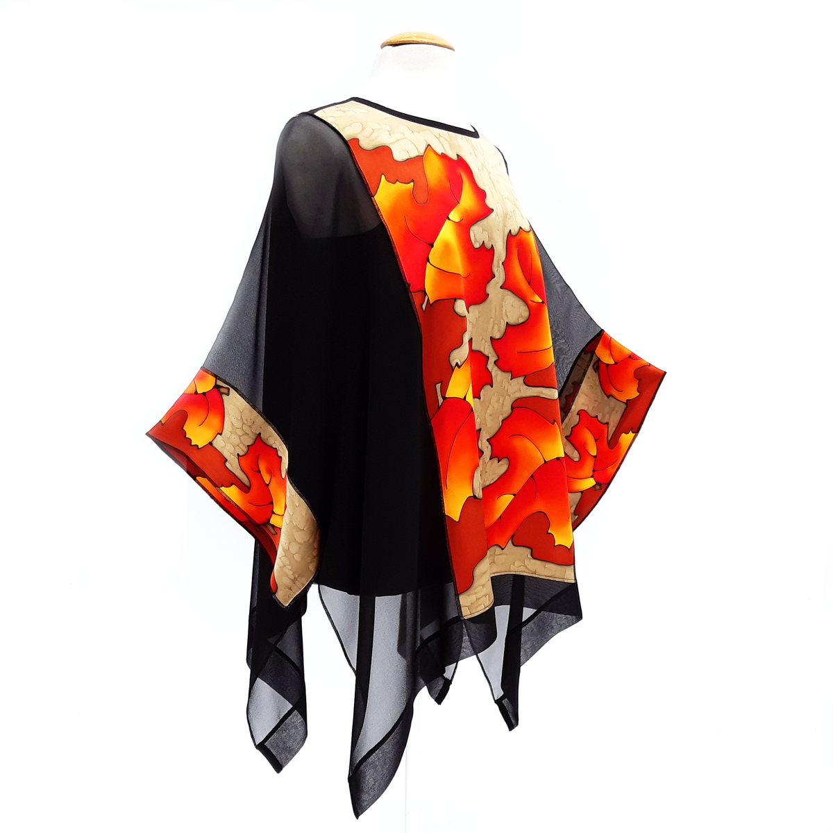 one size hand painted autumn leaf golden beige red black silk caftan top  made by Lynne Kiel