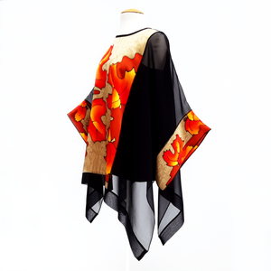 autumn leaves hand painted golden beige red black caftan top one size cruise wear made in Canada