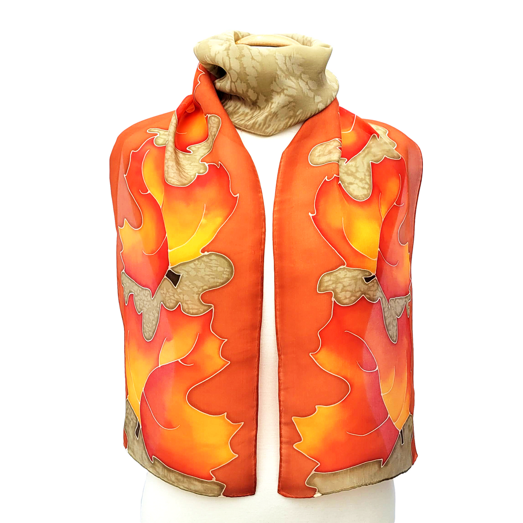 long silk scarf orange maple leaf design art hand painted by Lynne Kiel