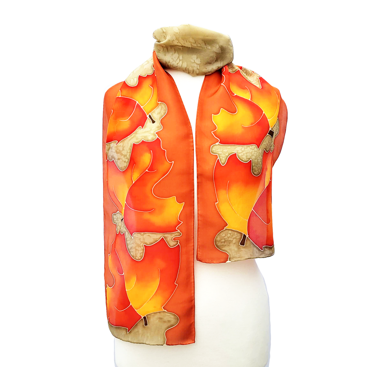 Canadian Maple leaf orange silk scarf hand painted made in Canada by Lynne Kiel
