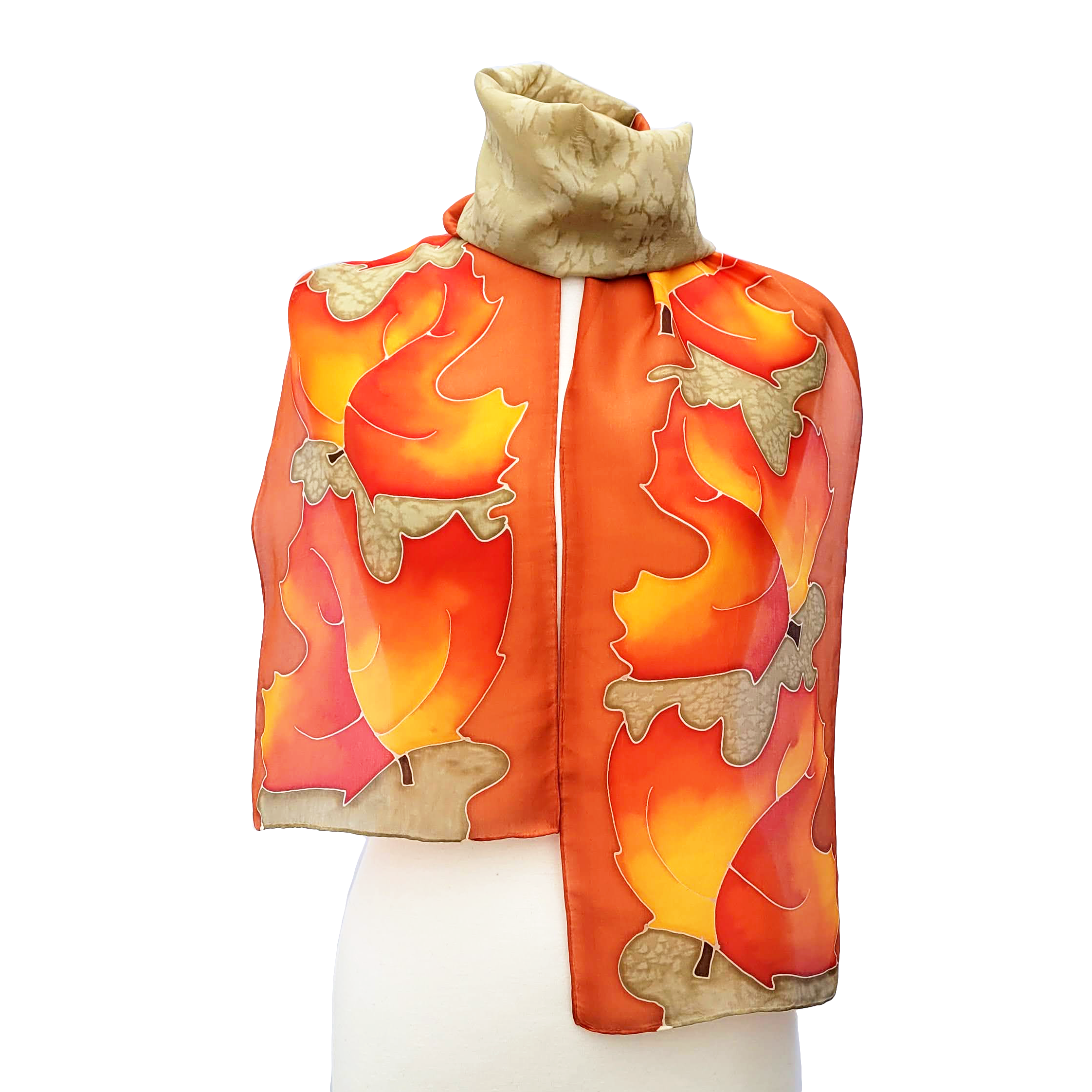 GOLDEN ORANGE Rust Autumn Leaves Hand Painted Silk Scarf Made In Canada