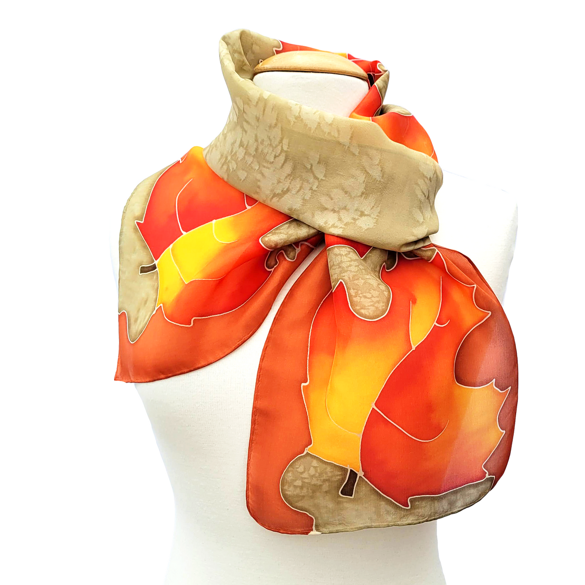 silk scarf hand painted golden autumn maple leaves made in Canada by Lynne Kiel
