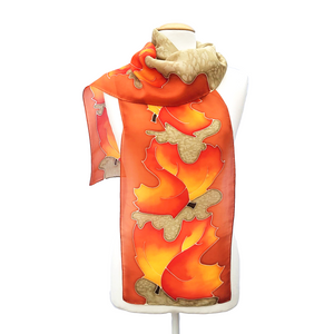 silk clothing accessory hand painted orange scarf maple leaf design art handmade by Lynne Kiel