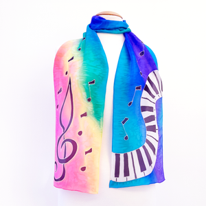rainbow pride silk scarf hand painted piano keyboard treble clef art design made by Lynne Kiel