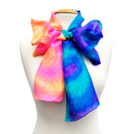 Load image into Gallery viewer, hand painted silk scarf rainbow pink orange yellow green blue purple colors handmade by Lynne Kiel
