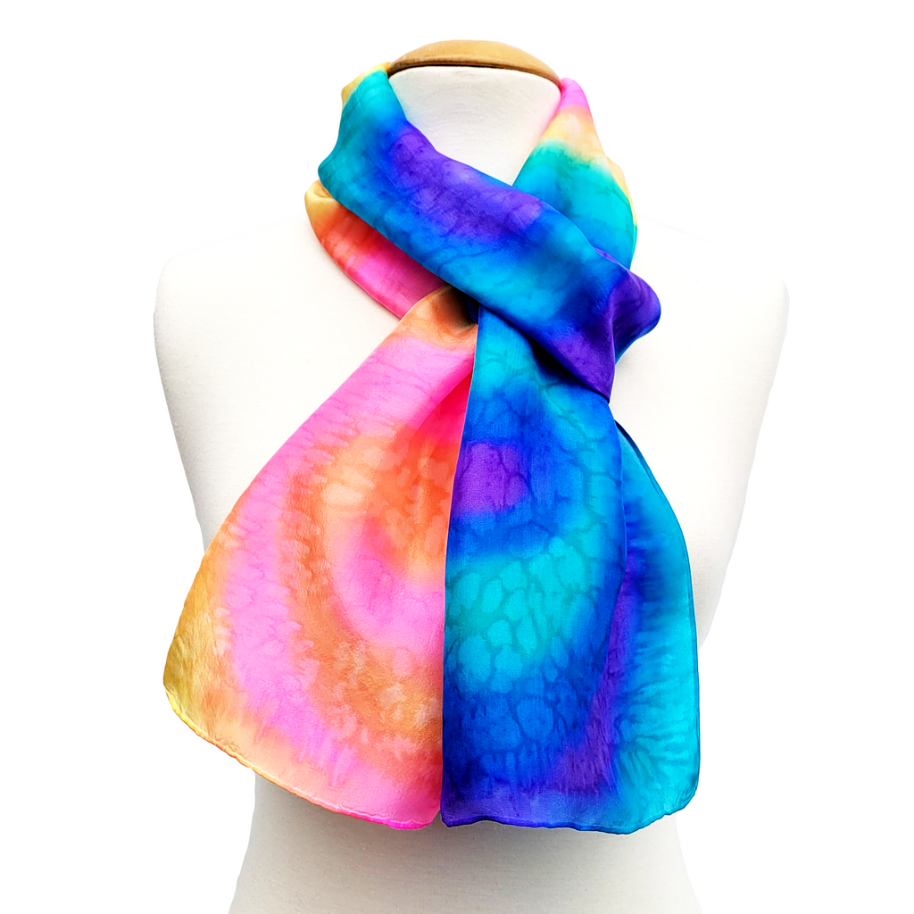 RAINBOW PRIDE Tie Dye Style Painted Silk Scarf Blue Orange Pink Yellow
