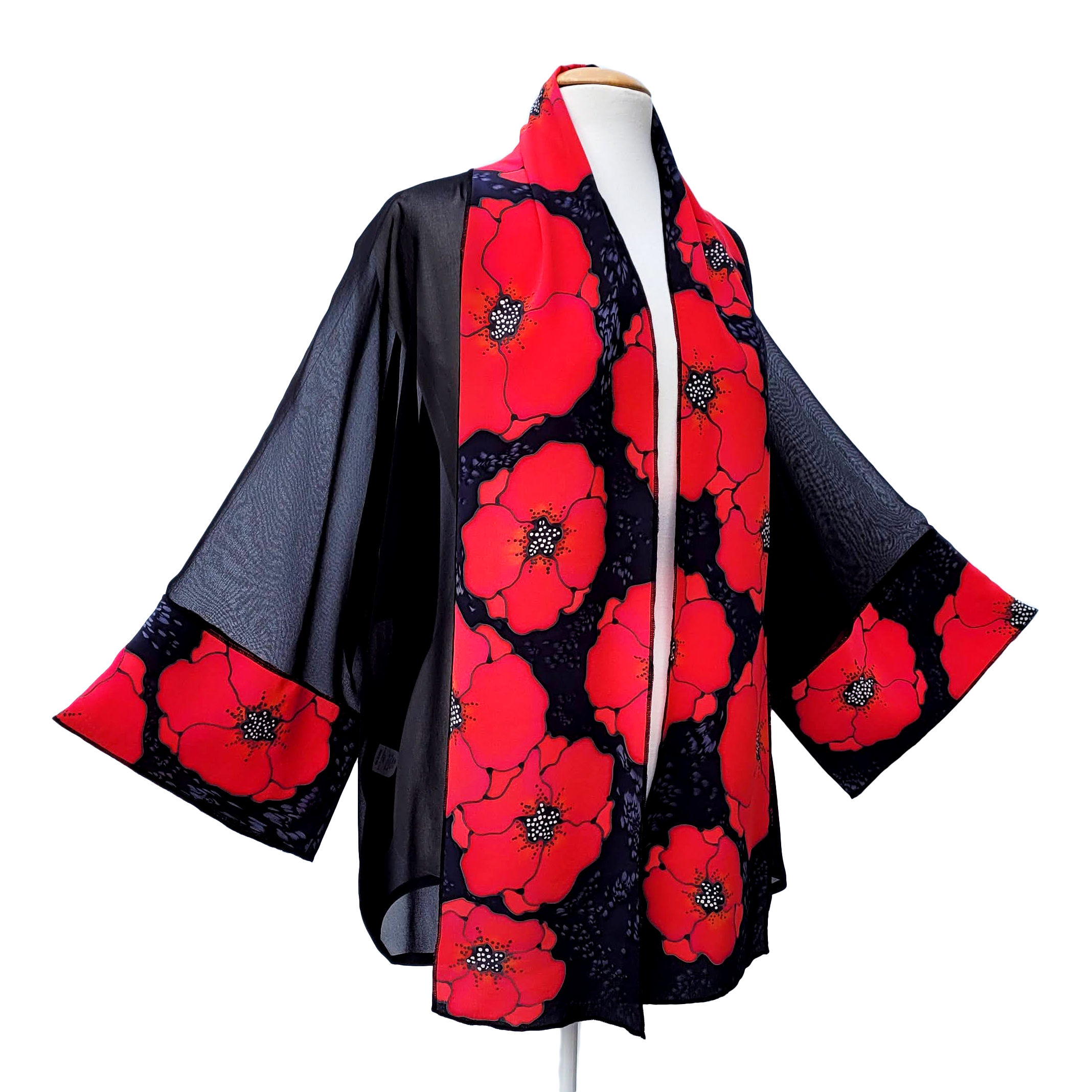 silk clothing hand painted silk red poppies kimono one size ladies jacket handmade by Lynne Kiel