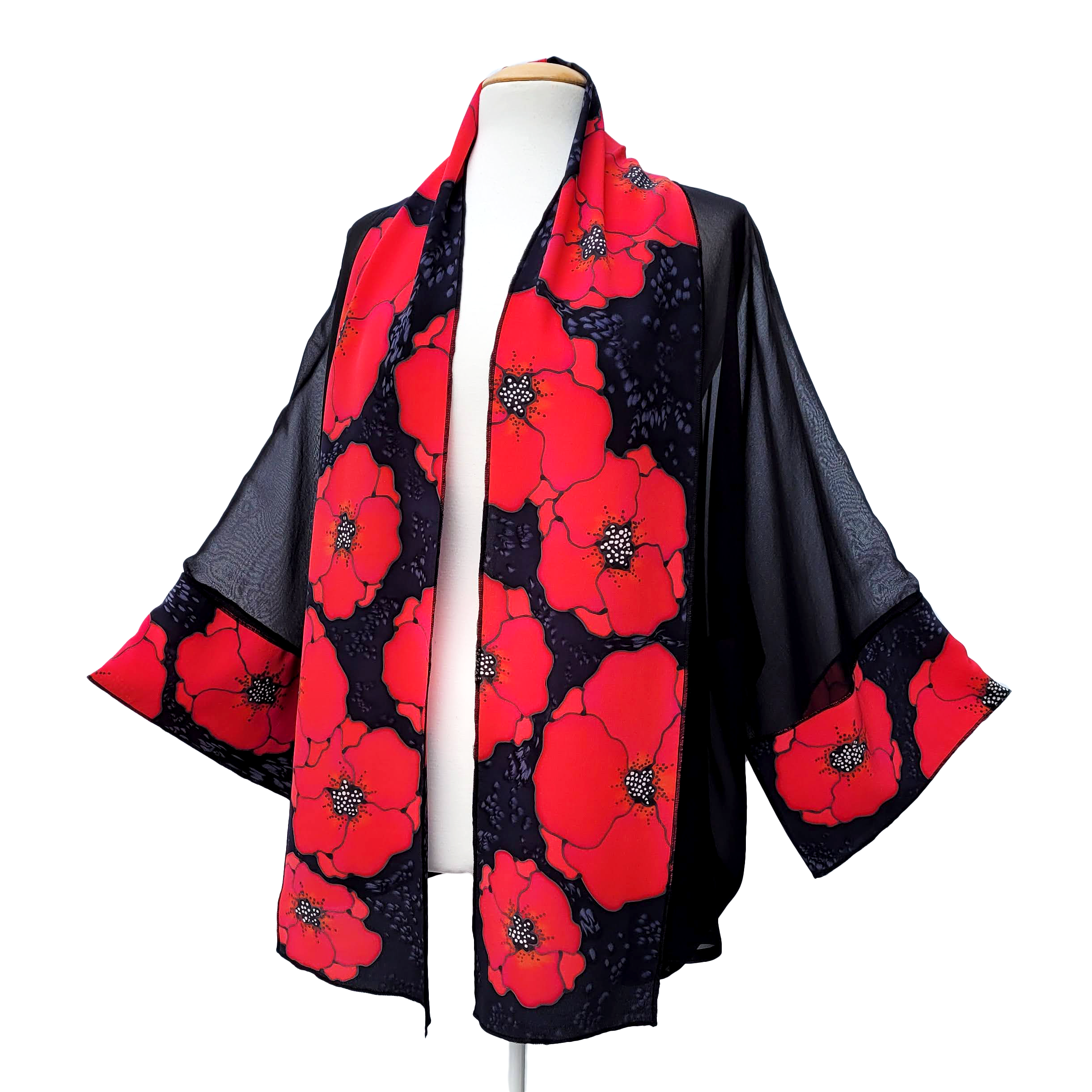hand painted pure silk kimono red poppies on black handmade in Canada by Lynne Kiel