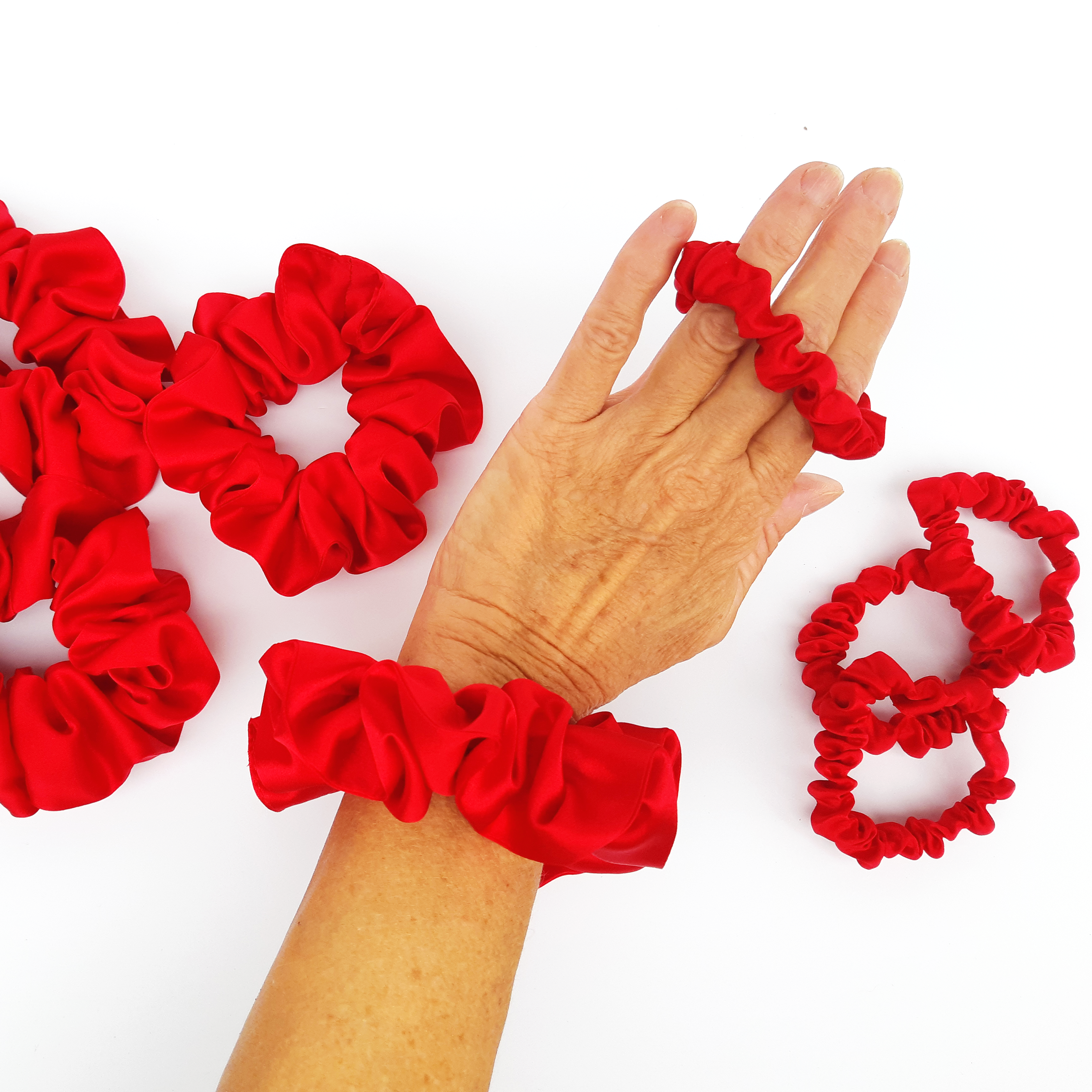 Scrunchie Set Large and skinny sizes in Red silk satin for ponytail and yoga