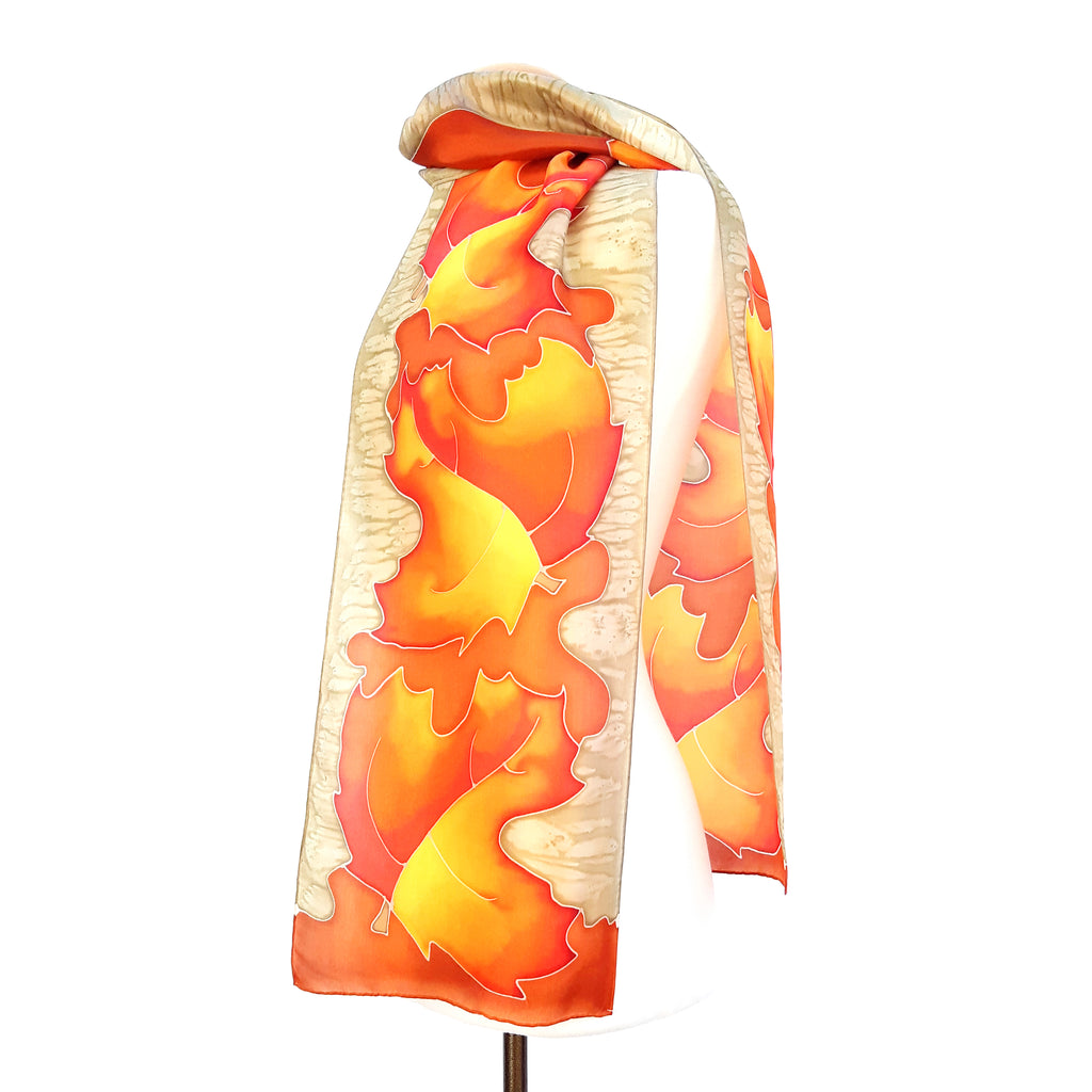 painted silk long scarves orange beige color