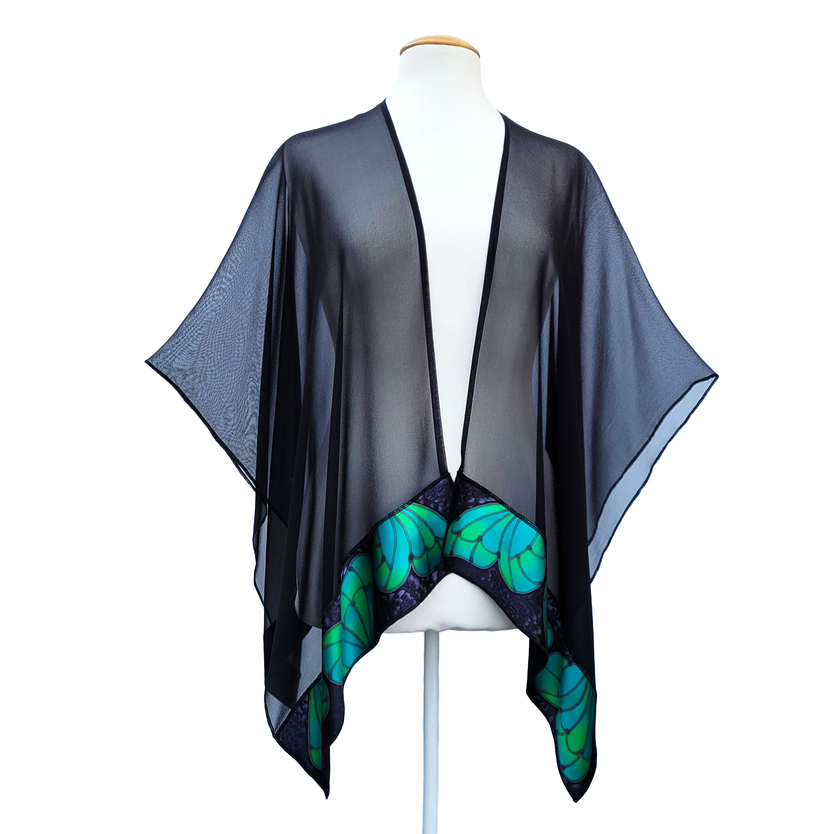 hand painted silk shawl one size ladies black with green butterflies handmade in Canada by Lynne Kiel