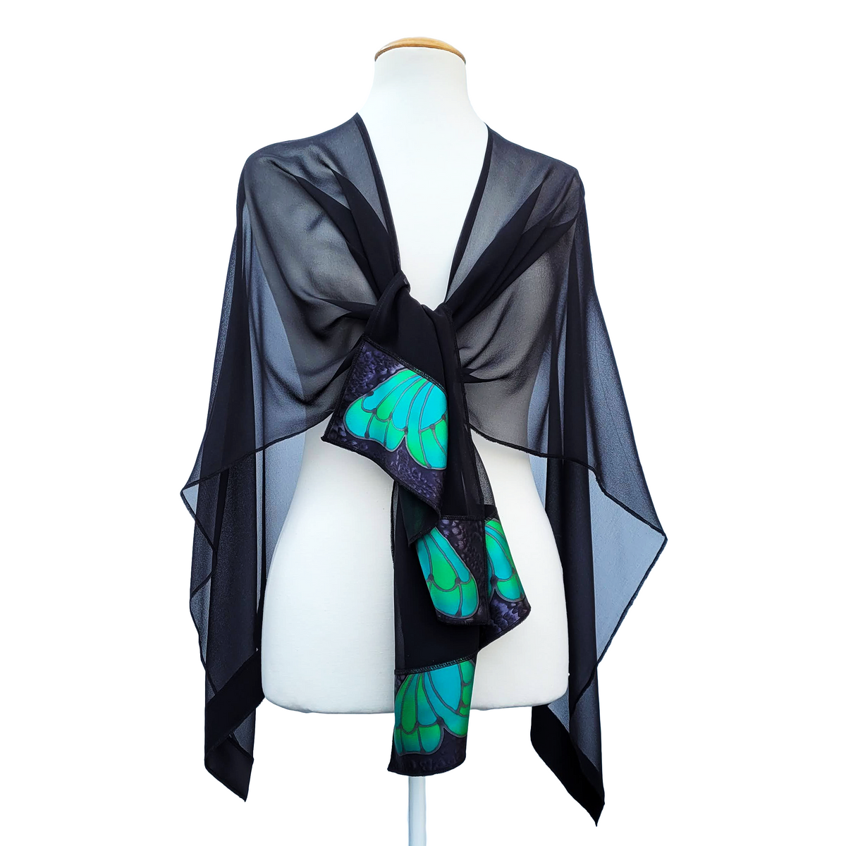 One size ladies shawl hand painted pure silk green butterflies with black sheer silk handmade by Lynne Kiel