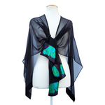 Load image into Gallery viewer, One size ladies shawl hand painted pure silk green butterflies with black sheer silk handmade by Lynne Kiel
