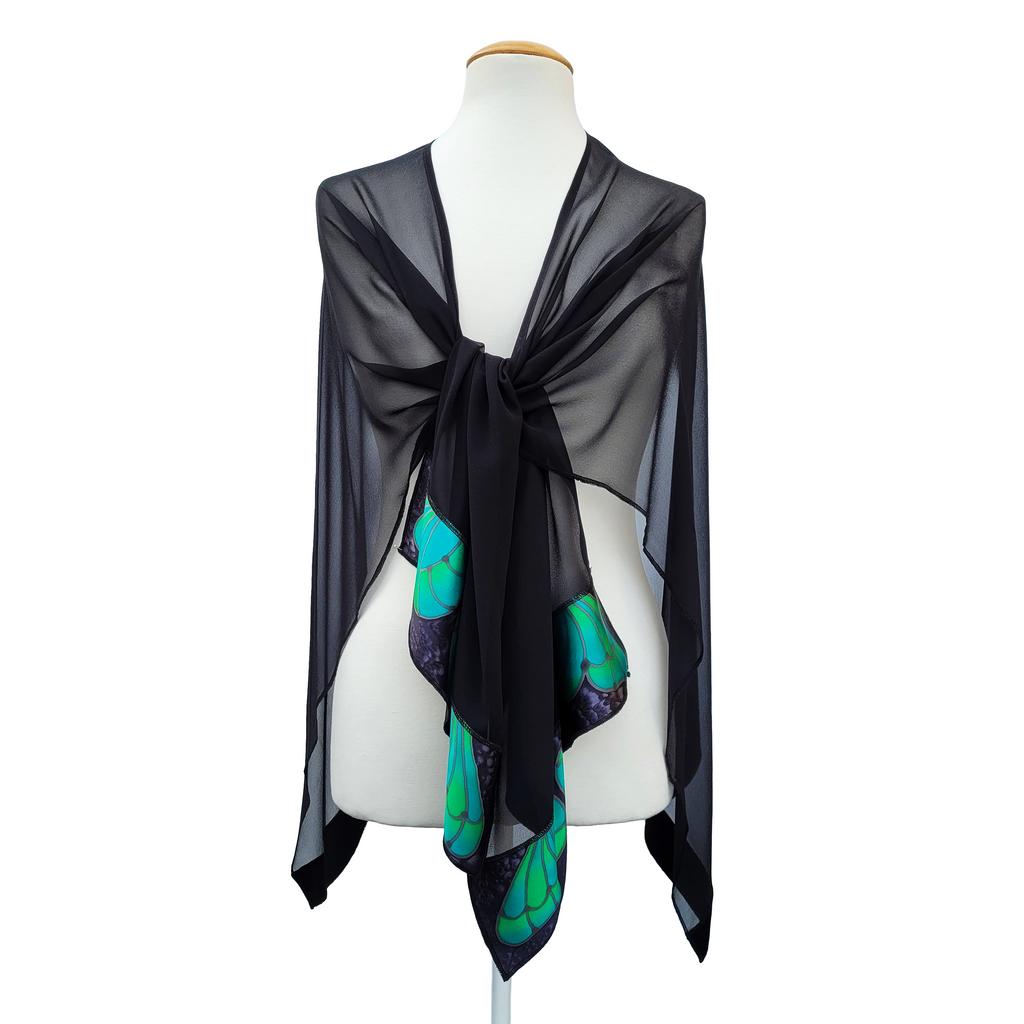 womens silk shawl in sheer back silk one size hand painted green butterflies handmade in Canada by Lynne Kiel