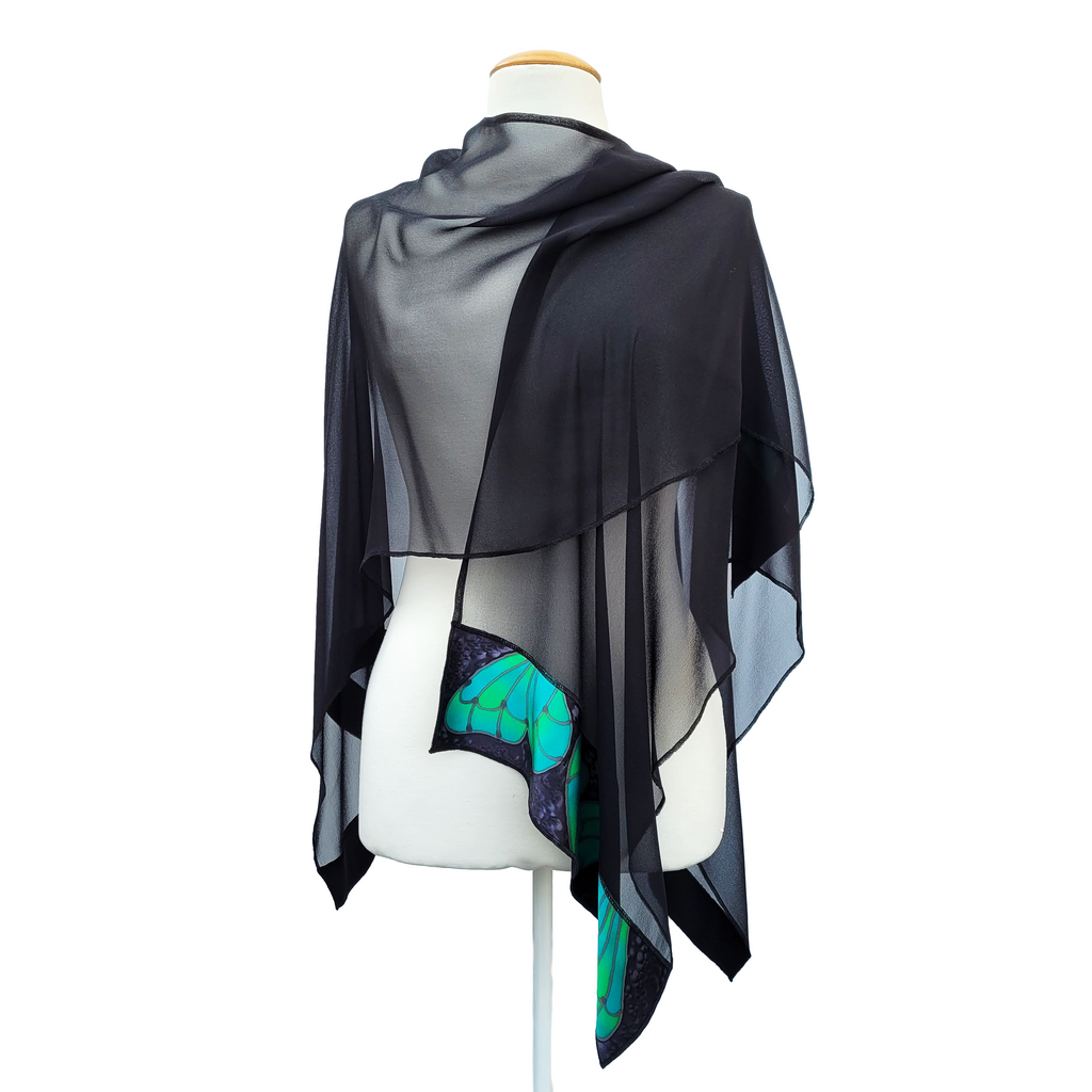 hand painted pure silk shawl black with green butterfly art handmade by Lynne Kiel