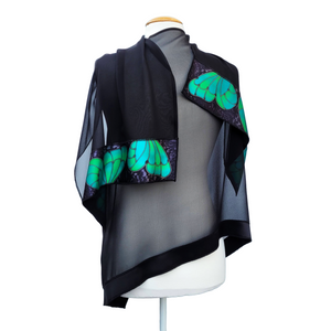 plus size ladies fashion hand painted silk shawl sheer black with green butterflies handmade by Lynne Kiel