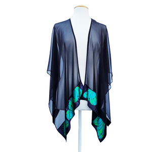 pure silk shawl hand painted green butterflies sheer black silk shawl one size ladies fashion handmade by Lynne Kiel
