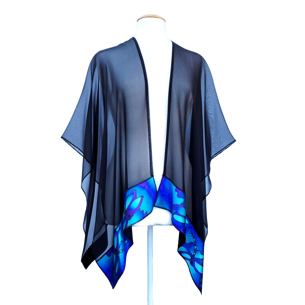 one size ladies black sheer shawl hand painted  dragonfly art design handmade by Lynne Kiel