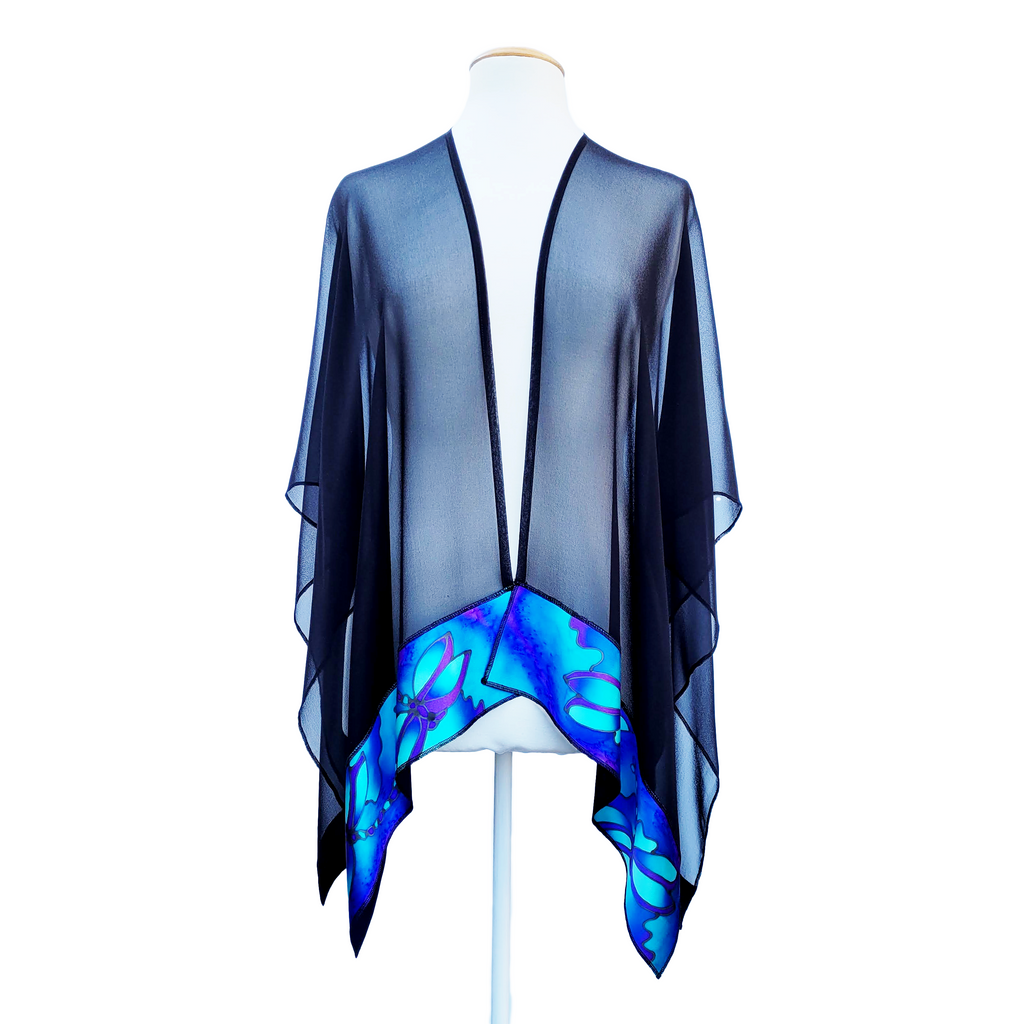 pure silk black sheer ladies shawl hand painted blue dragonfly art handmade by Lynne Kiel