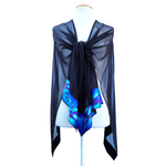 Load image into Gallery viewer, ladies shawl one size pure silk sheer black hand painted blue dragonfly art handmade by Lynne Kiel
