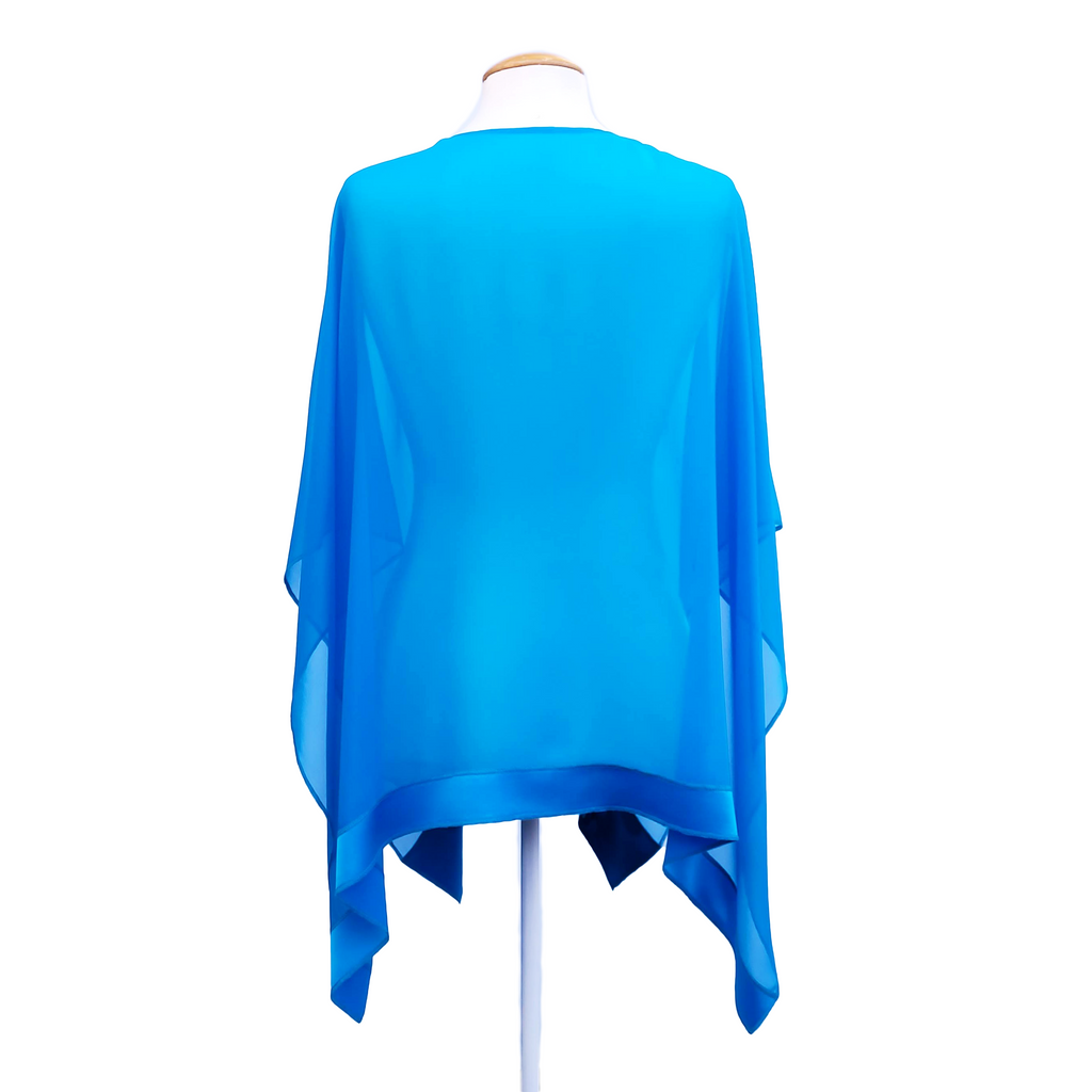 one size womens clothing pure silk blue shawl one size hand painted dragonfly art design back view handmade by Lynne Kiel