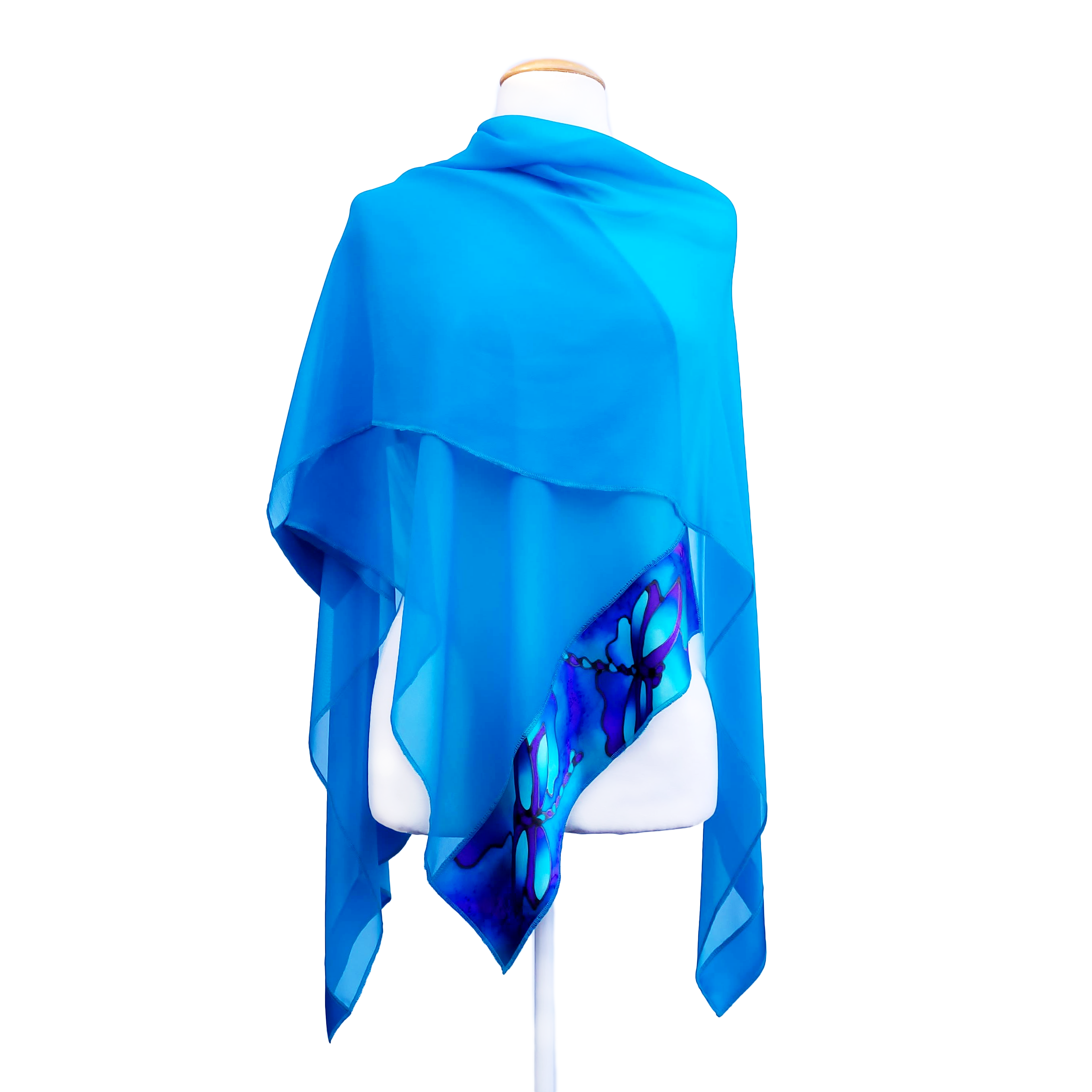turquoise blue sheer silk shawl one size handpainted dragonflies handmade by Lynne Kiel