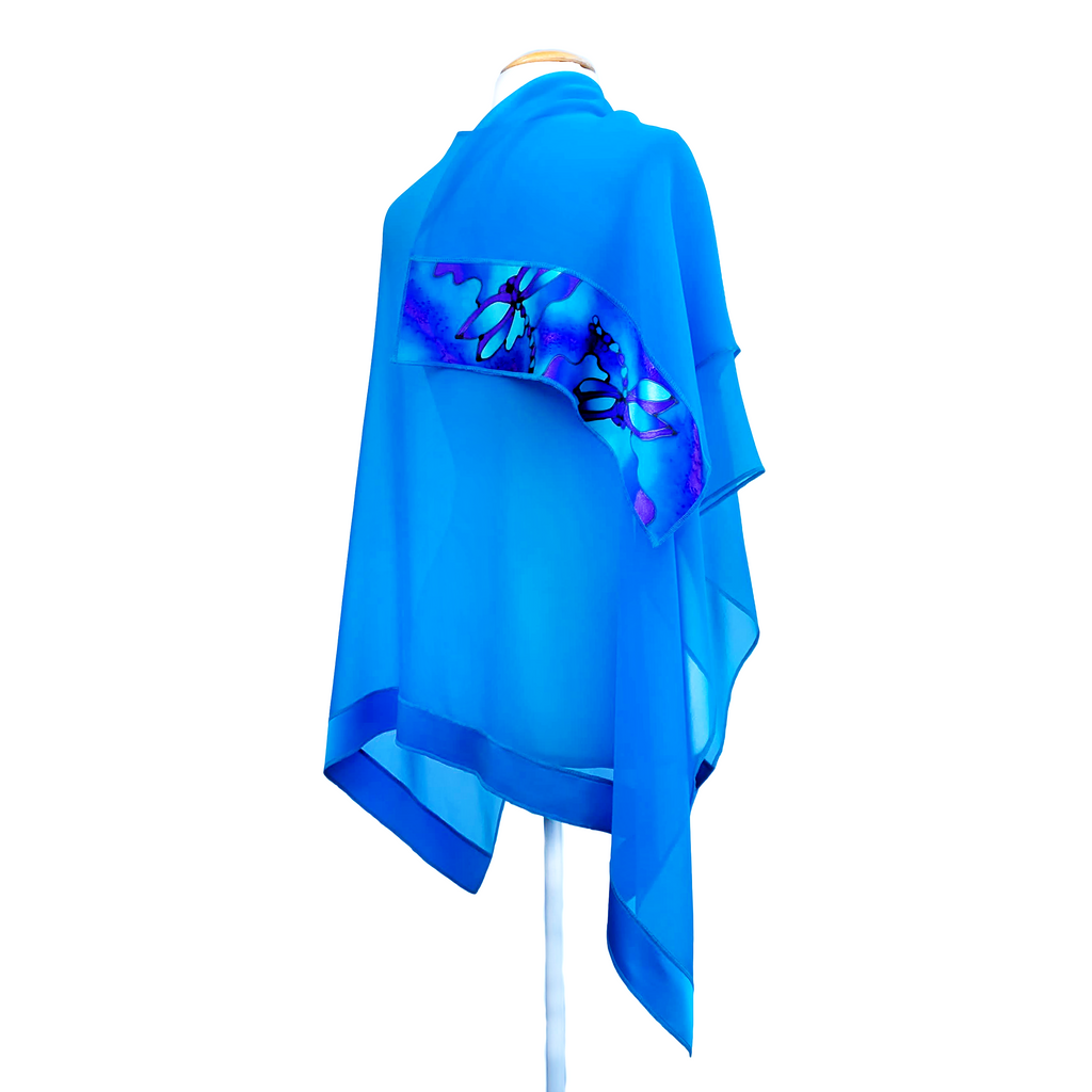pure silk blue sheer shawl hand painted dragonfly art design handmade by Lynne Kiel