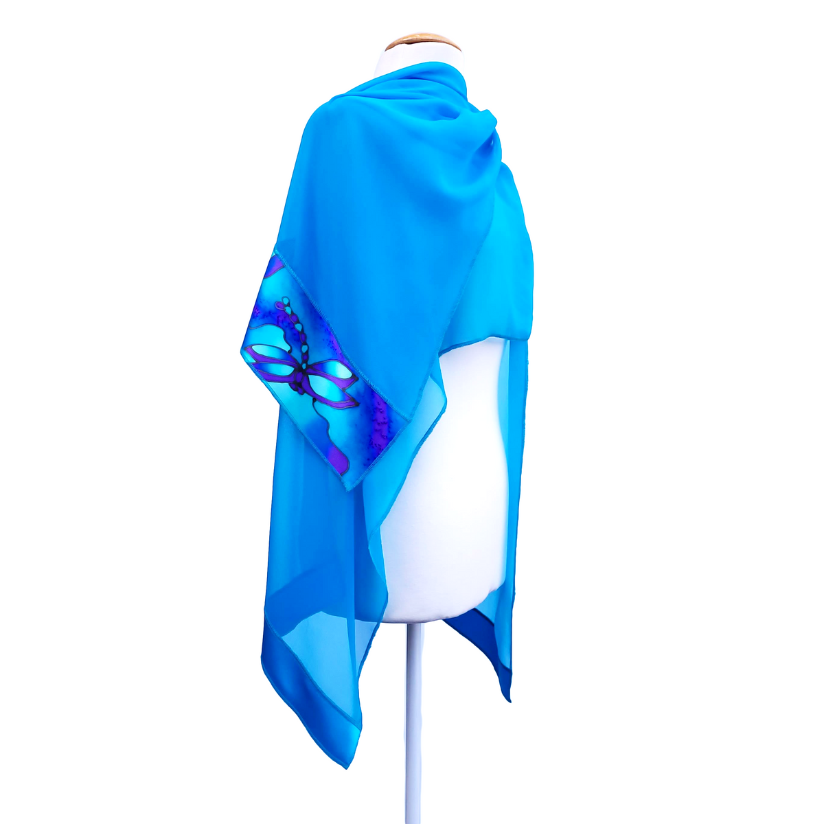 One size shawl turquoise blue handpainted dragonfly art design handmade by Lynne Kiel