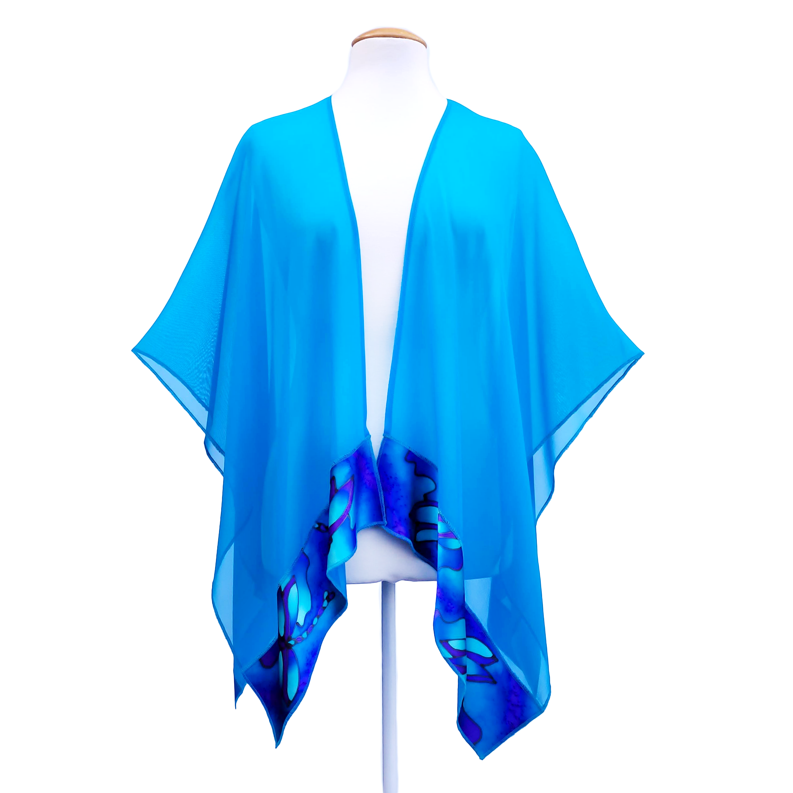 one size ladies clothing pure silk blue shawl handpainted blue dragonfly art design handmade by Lynne Kiel