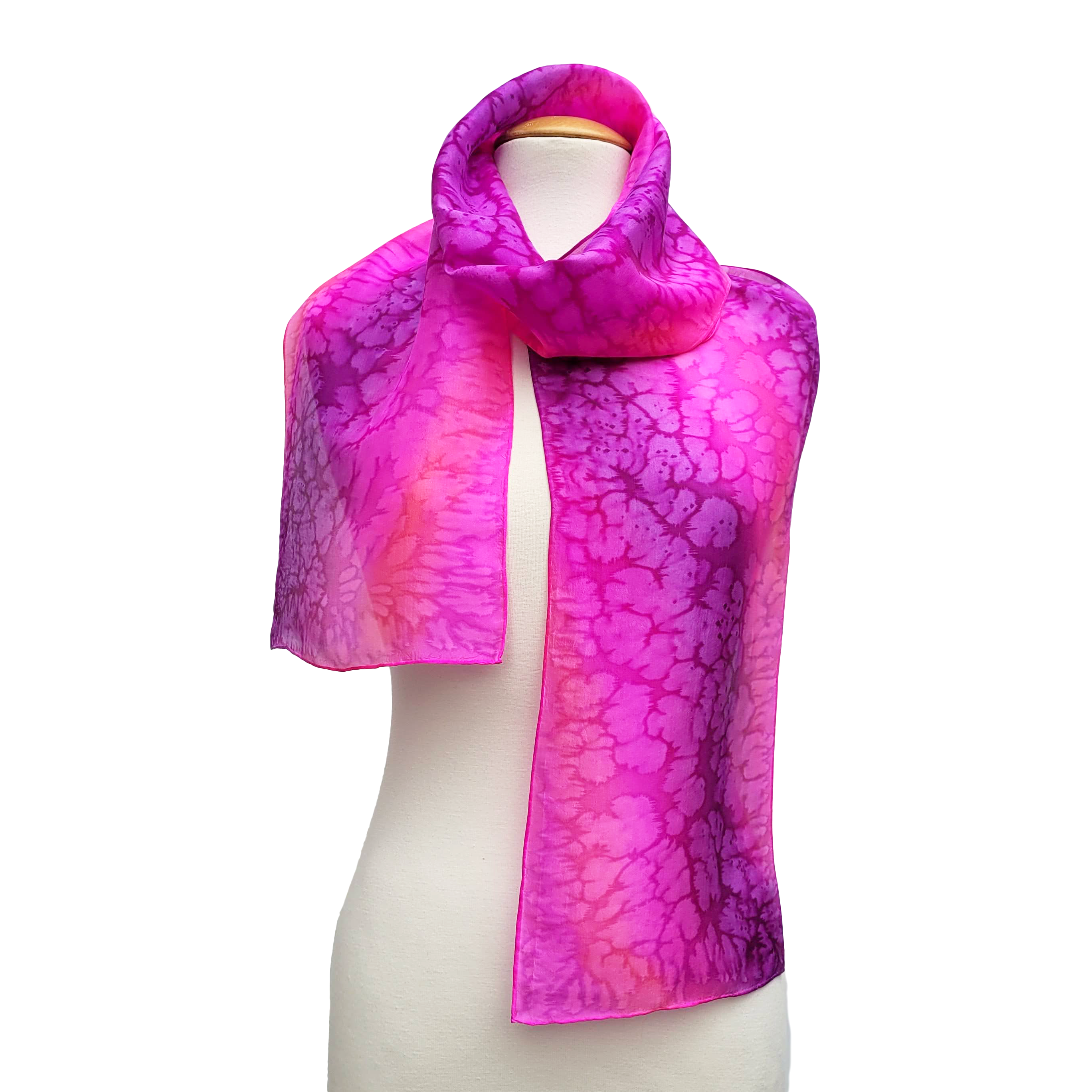 pink tie dye long pink silk scarf hand painted by Lynne Kiel