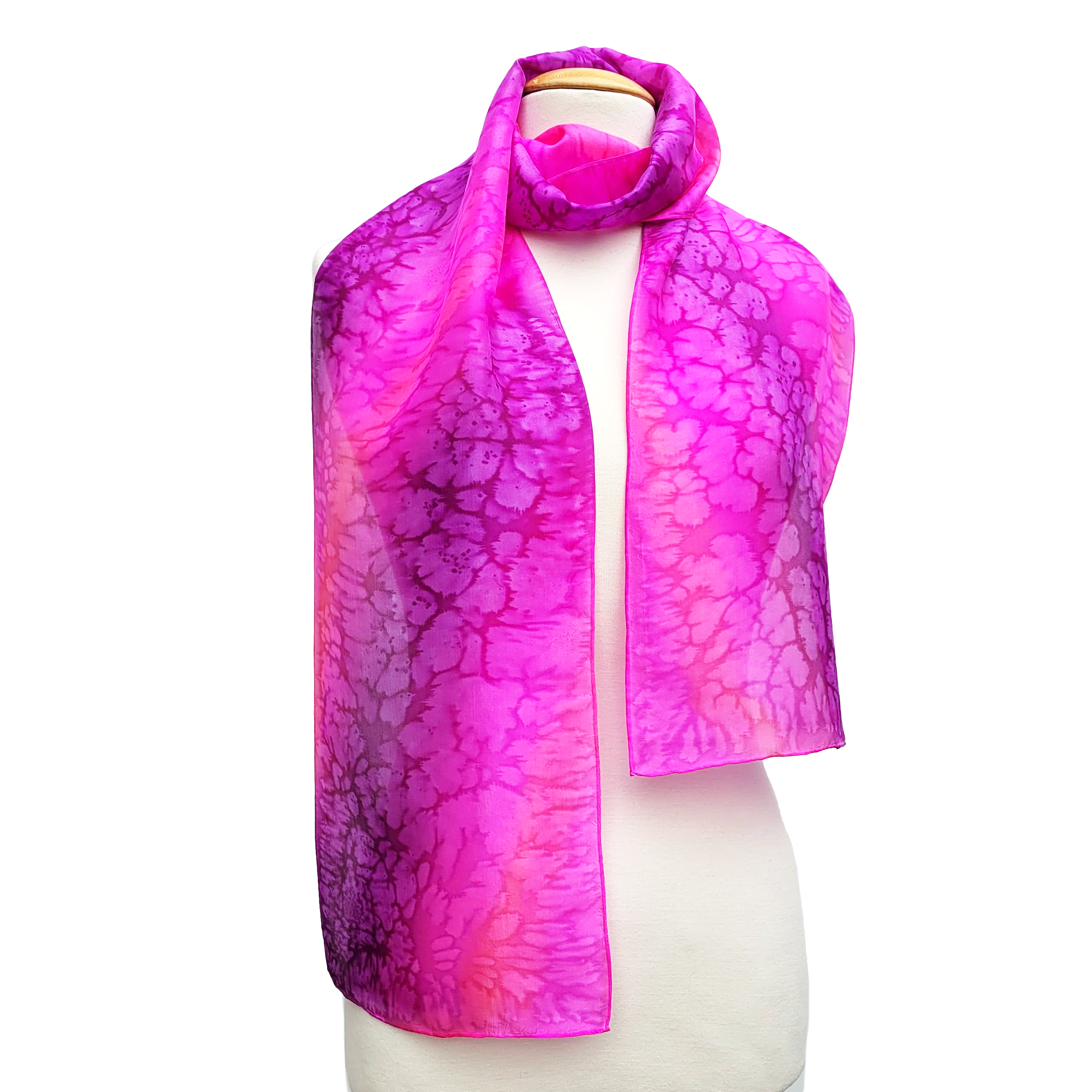 pink and purple color silk scarf hand painted by Lynne Kiel Made in Canada