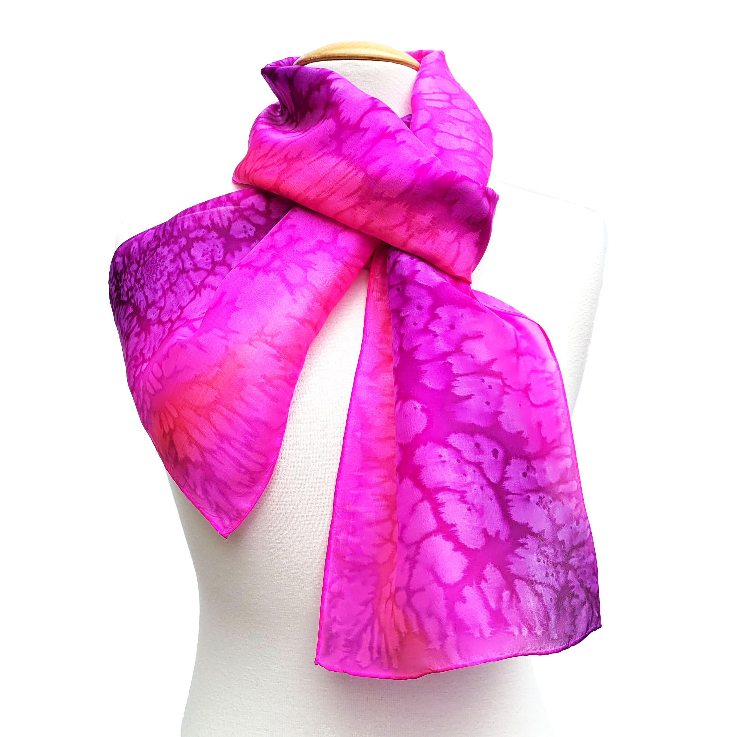 pure silk long scarf tie dyed pink and purple color handmade by Lynne Kiel