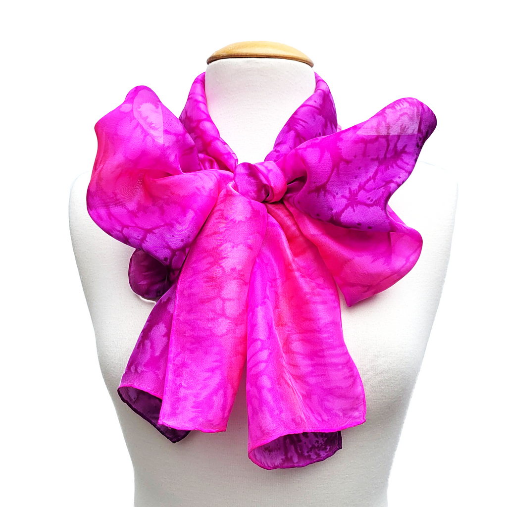 tie dye pink and purple color silk scarf handmade by Lynne Kiel