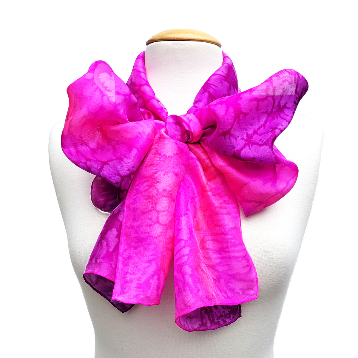tie dye pink and purple color silk scarf handmade by Lynne Kiel