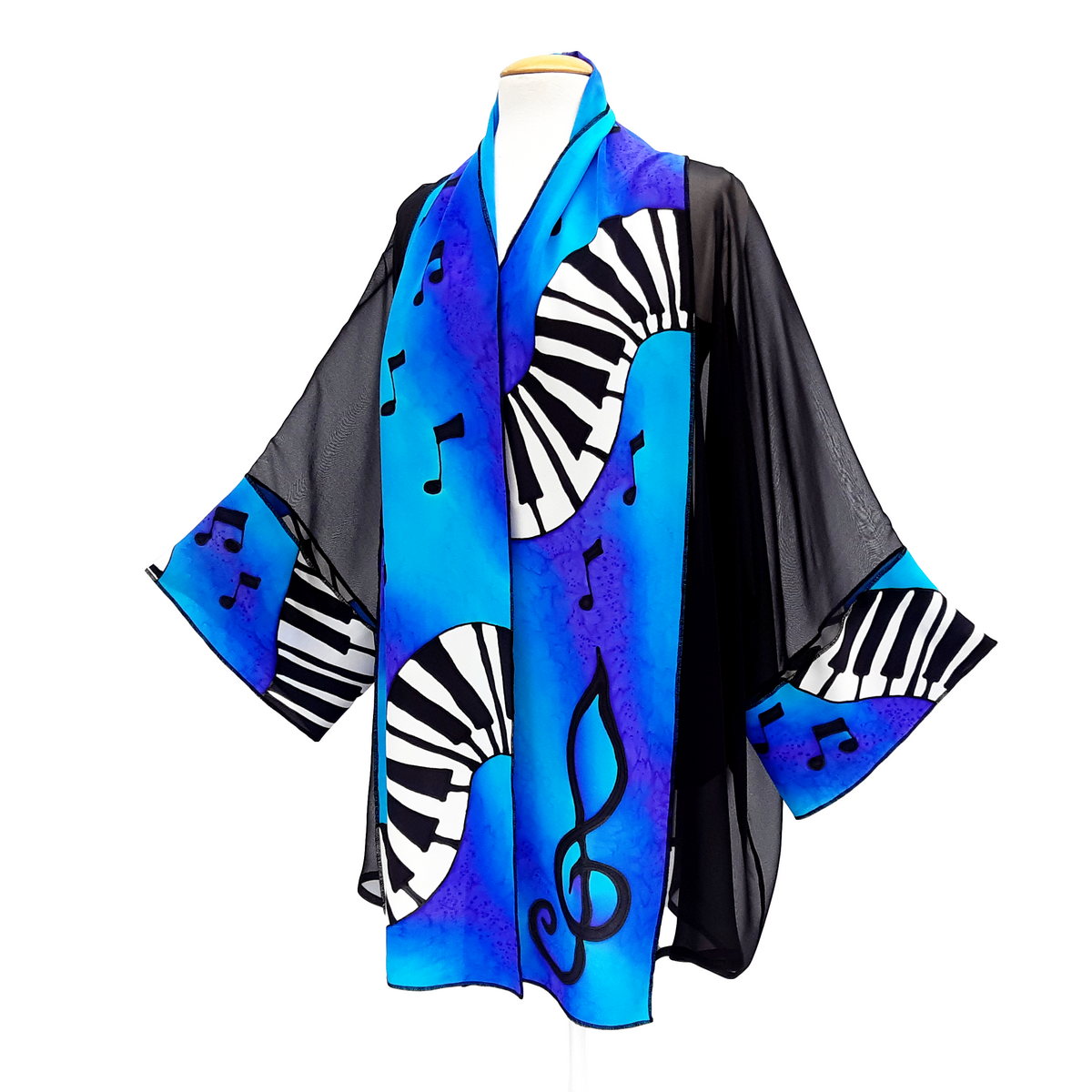 painted silk kimono piano keyboard art design blue purple handmade by Lynne Kiel