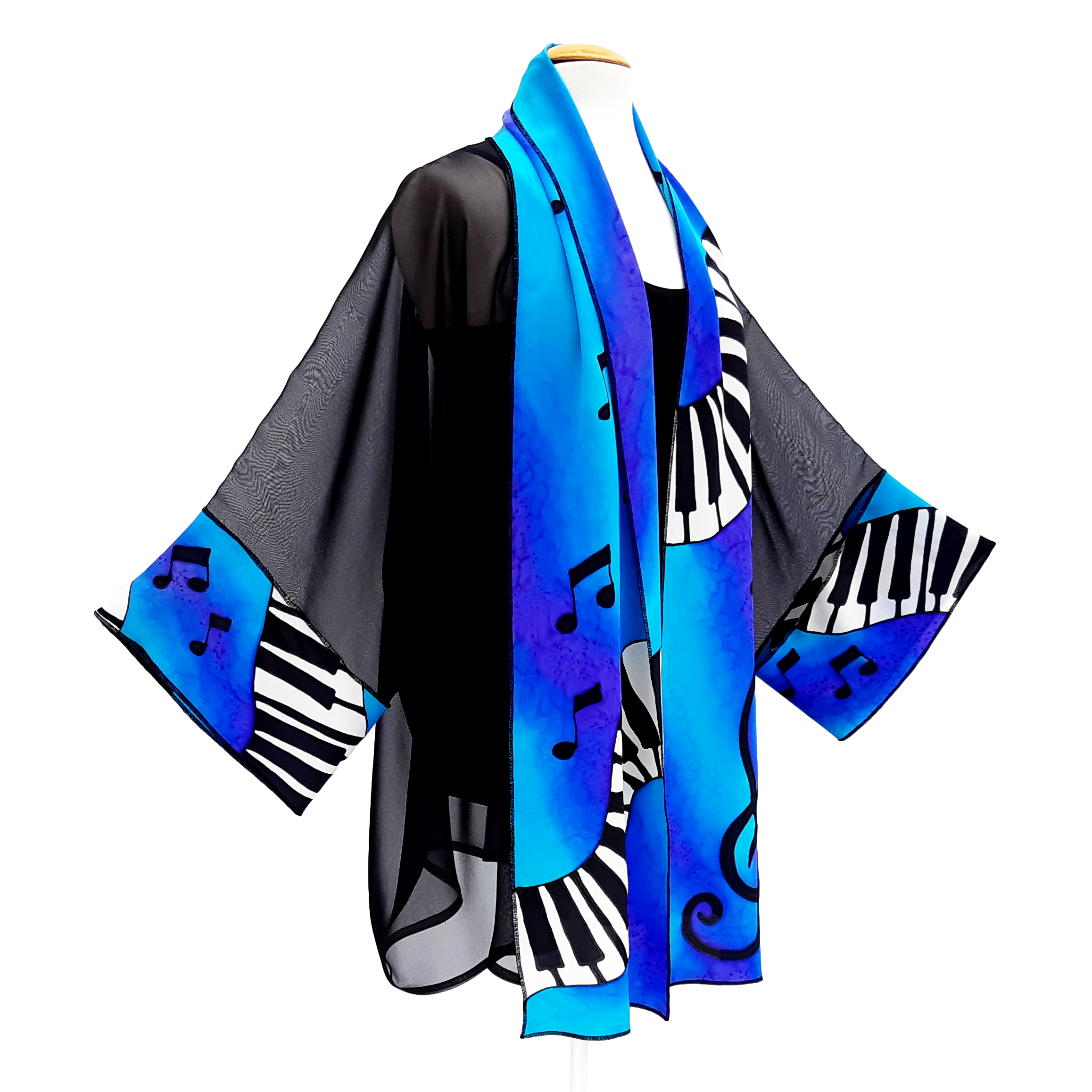 silk clothing one size women's kimono jacket hand painted piano music art design hand made by Lynne Kiel 