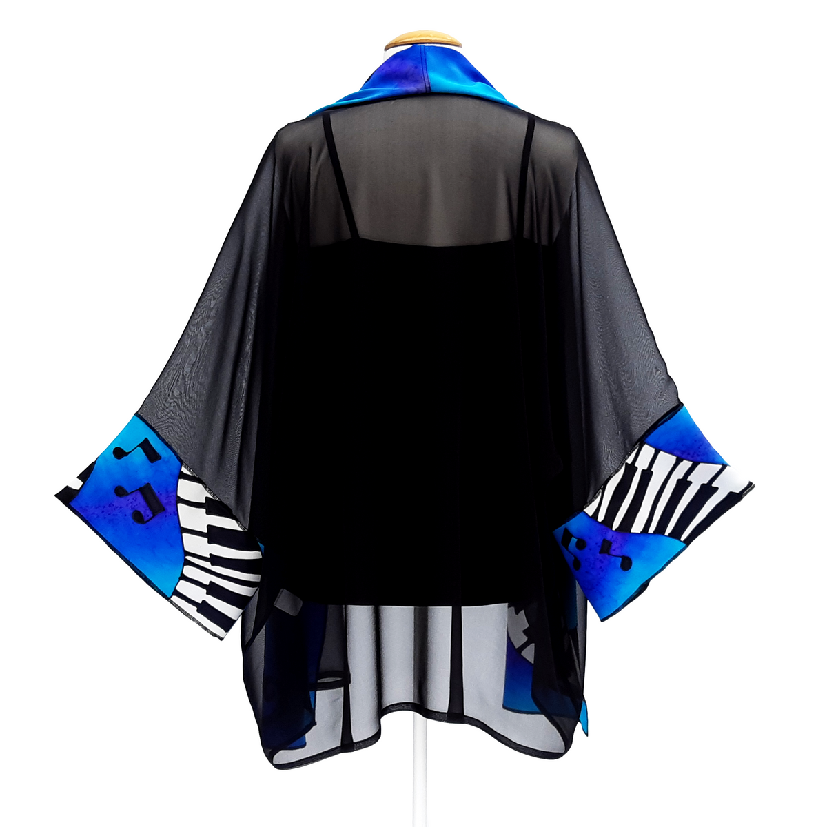black sheer silk kimono hand painted music art design made in Canada by Lynne Kiel