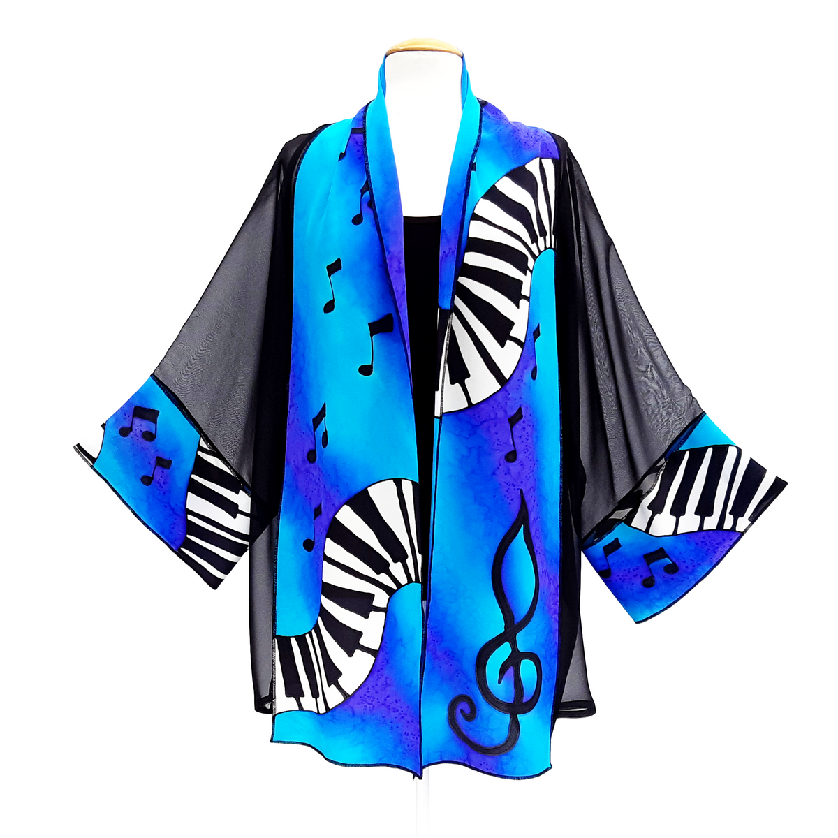 hand painted piano treble clef and music noted art design kimono handmade by Lynne Kiel